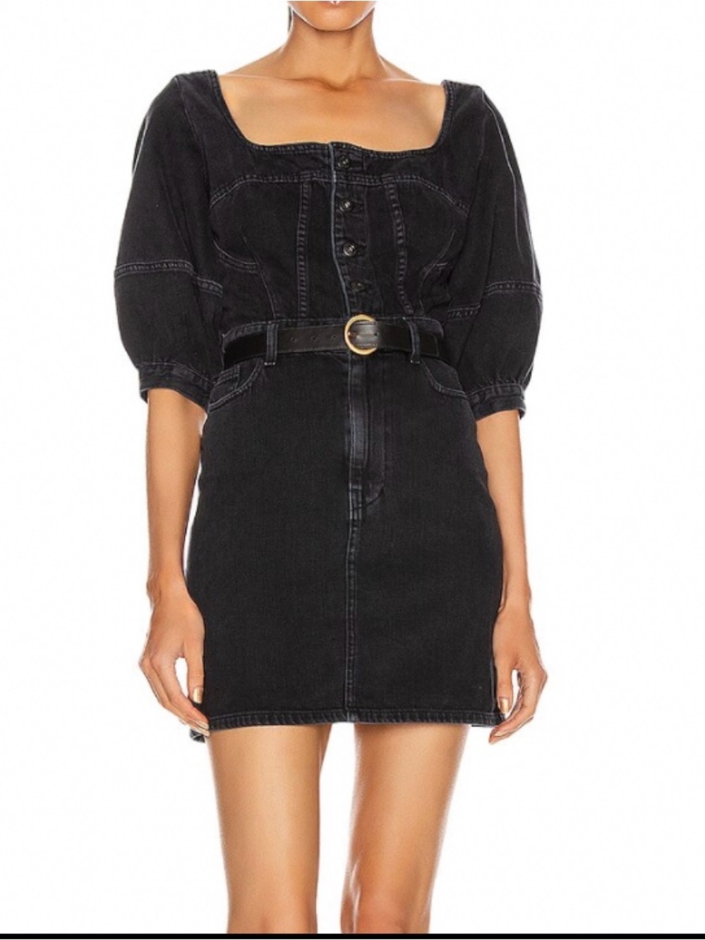 Washed Black Square-Neck Denim Mini Dress with Belt